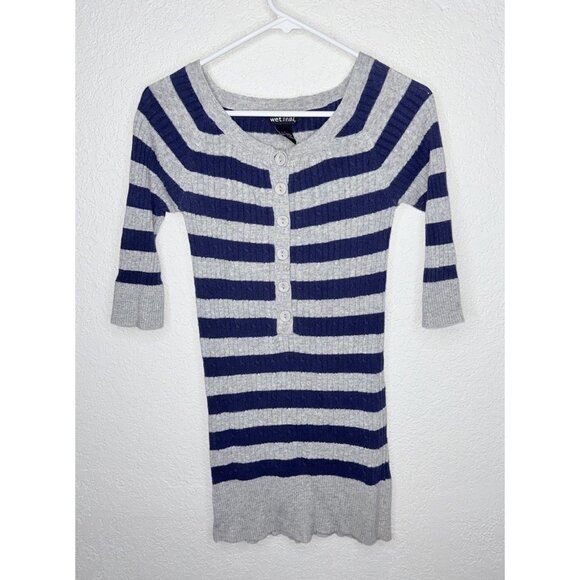 Wet Seal Vintage Y2K Knit Top Striped Blue Gray Buttons 3/4 Sleeves Sweater 1A - Picture 1 of 5